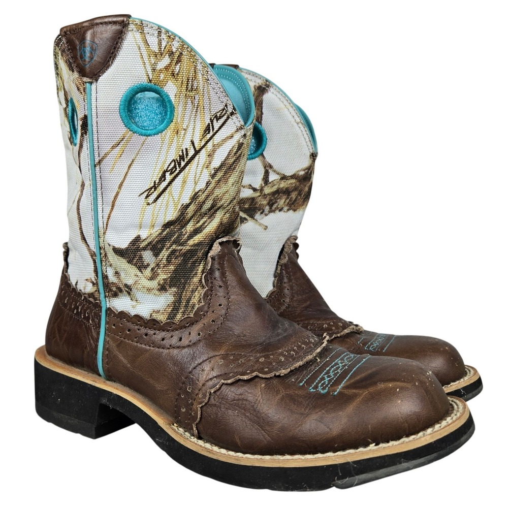 Ariat Fatbaby Camo Western Boots Brown Leather Teal Trim 10009503 Womens 7.5B